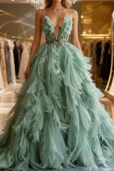 Mint Green A-line Spaghetti Strap Tulle Long Semi Formal Prom Dress, Elegant Evening Dress